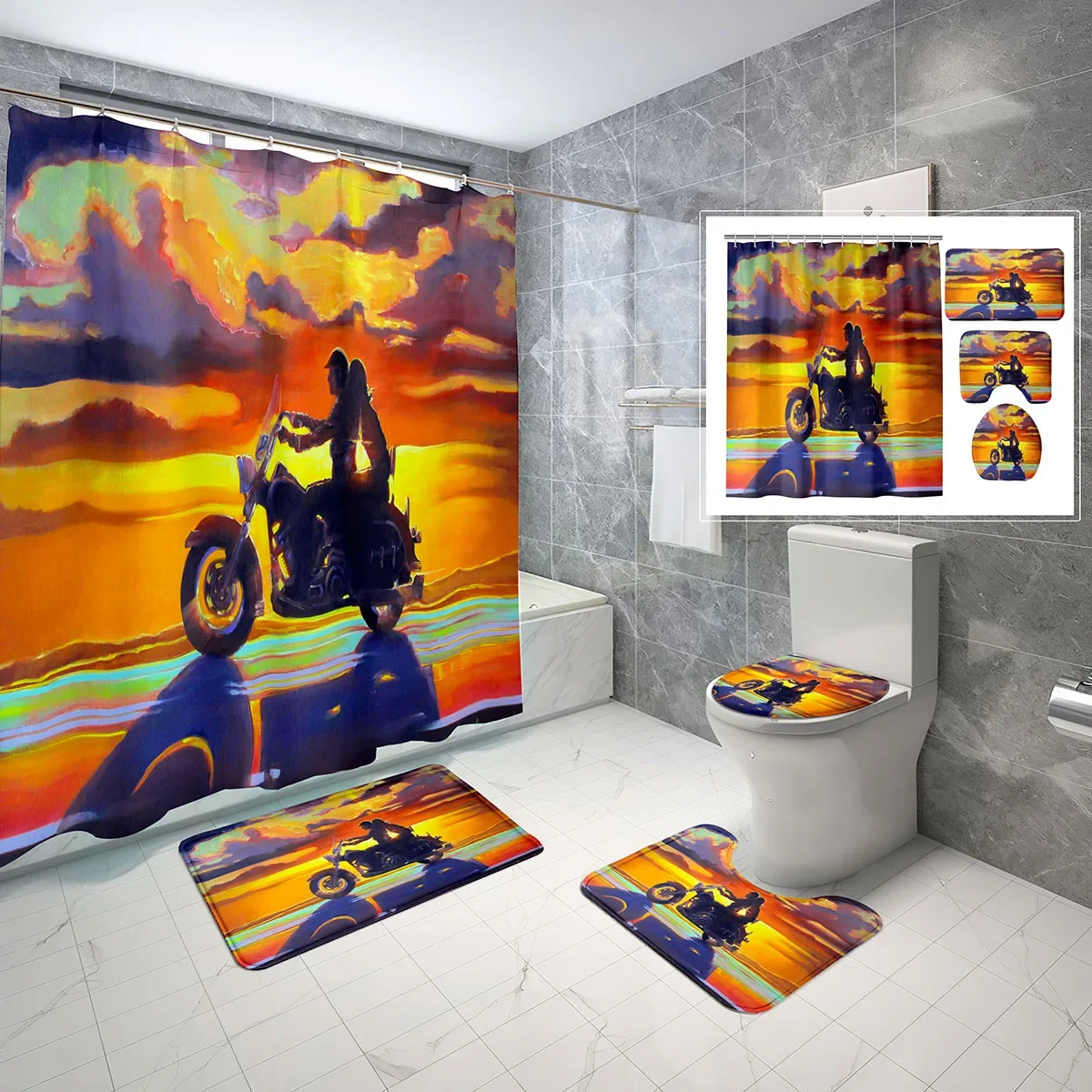 

4 Pcs Motorcycle Art Shower Curtain Sets with Non-Slip Rugs Mat Toilet Lid Cartoon Creativity Waterproof Shower Curtain Set