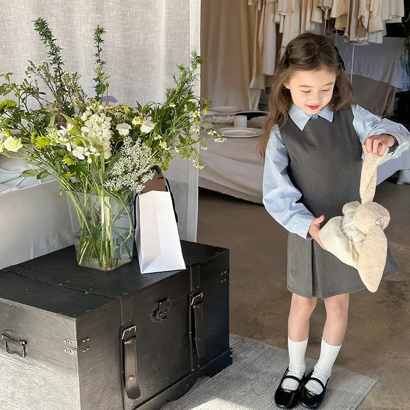سترة فستان الربيع والخريف موضة كورية جديدة مزاجه نمط الكلية سترة فستان بلون قميص ملابس الاطفال
