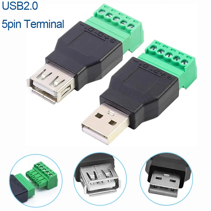 

USB 2.0 Type A Male/Female to 5 Pin Screw Connector USB Jack with Shield Screw Terminal Plug Socket for Computer TV Keyboard