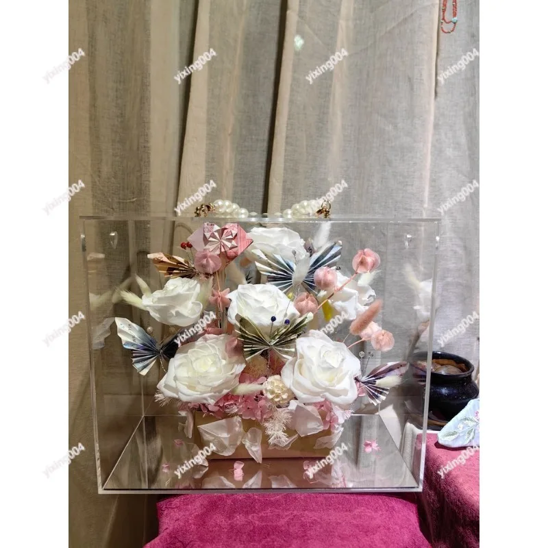 Acrylic Handheld Flower Box, Transparent Floral Arrangement Box for Birthday Gift Flower Packaging