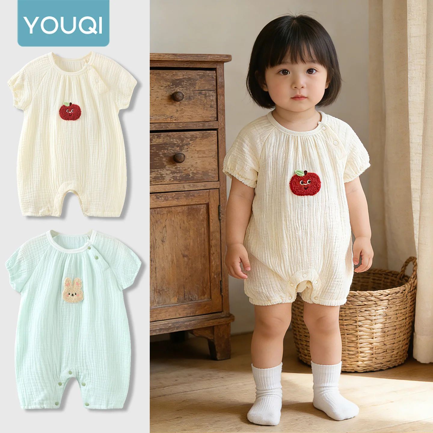 

【Youqi】Китайская детская одежда для детей от 0 до 2 лет, летний комплект для малышей, комбинезон с короткими рукавами для новорожденных, тонкий летний комбинезон, костюм для ползания