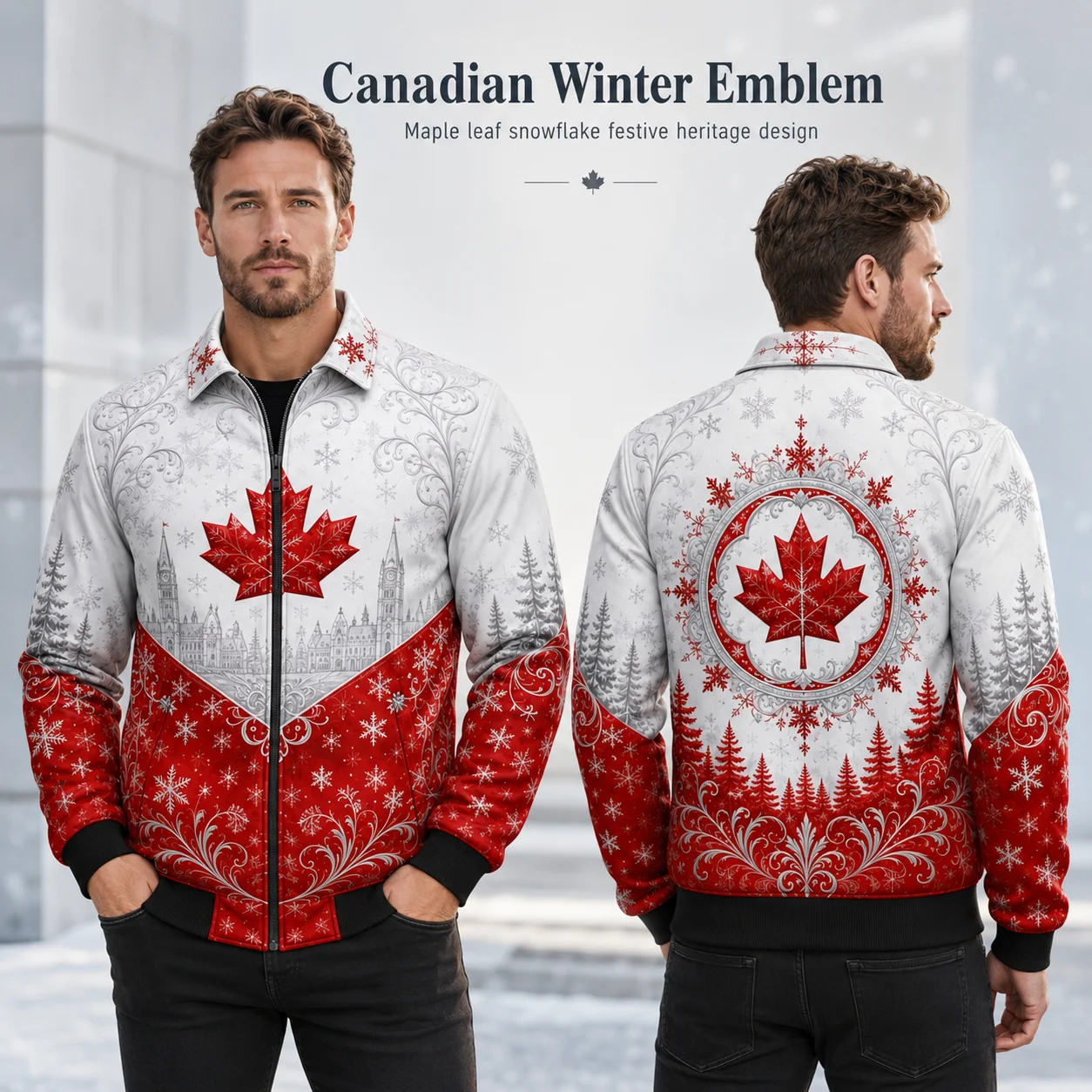Chaquetas de invierno de hoja de arce canadiense para hombre, rojas y blancas, con diseño de copo de nieve, abrigo de moda de herencia nacional, chaqueta con cierre de cremallera.