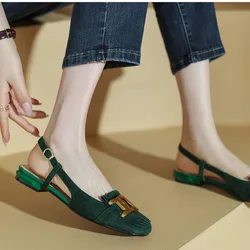 French Retro Sandals Women 2026 Summer New Baotou Dark Green Fashion Versatile Shoes Women Metal Buckle Low Heel Shoes Heels