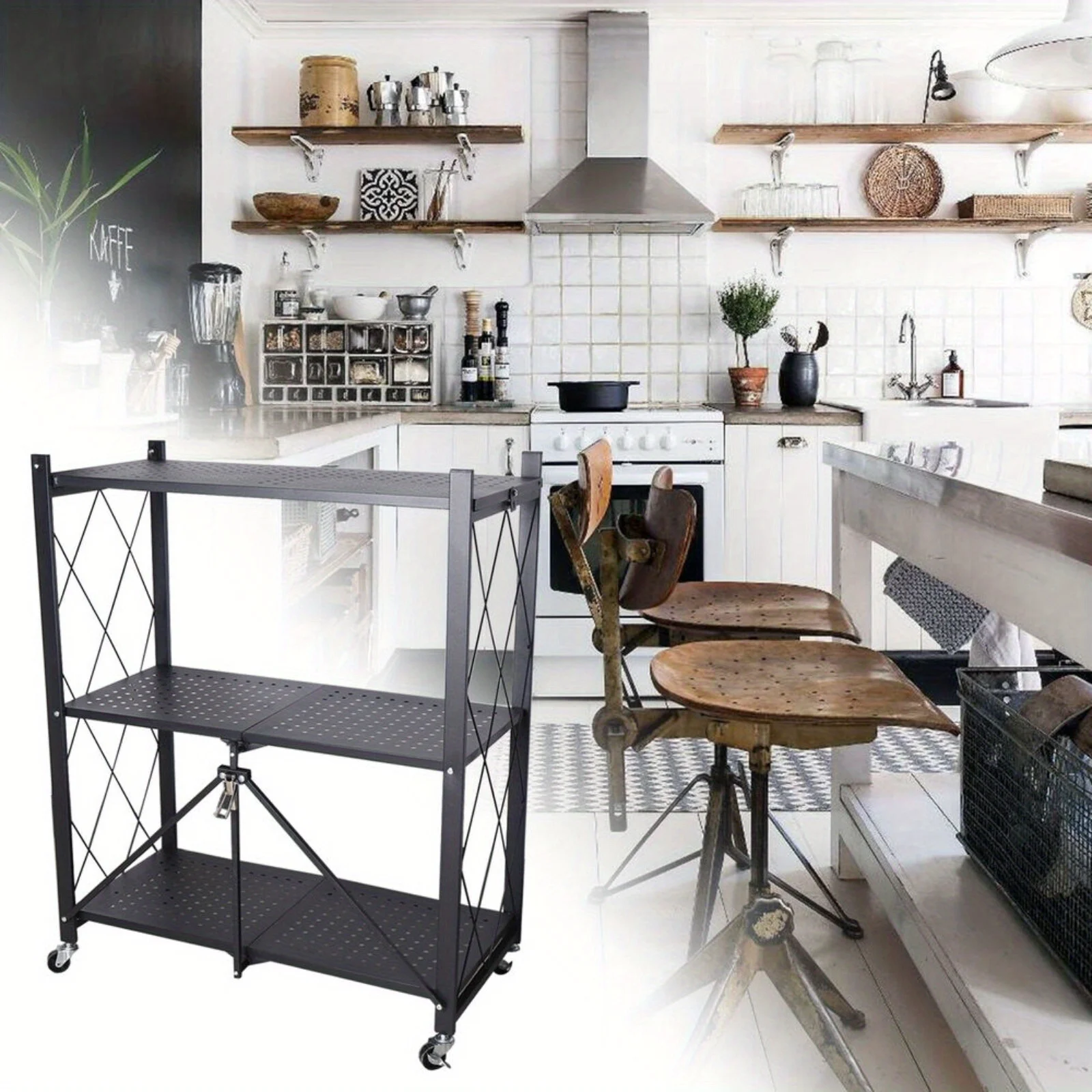 

3-Tier Wide Folding Metal Shelf" - Rolling Trolley Utility Cart with Durable Black Finish for Versatile Storage