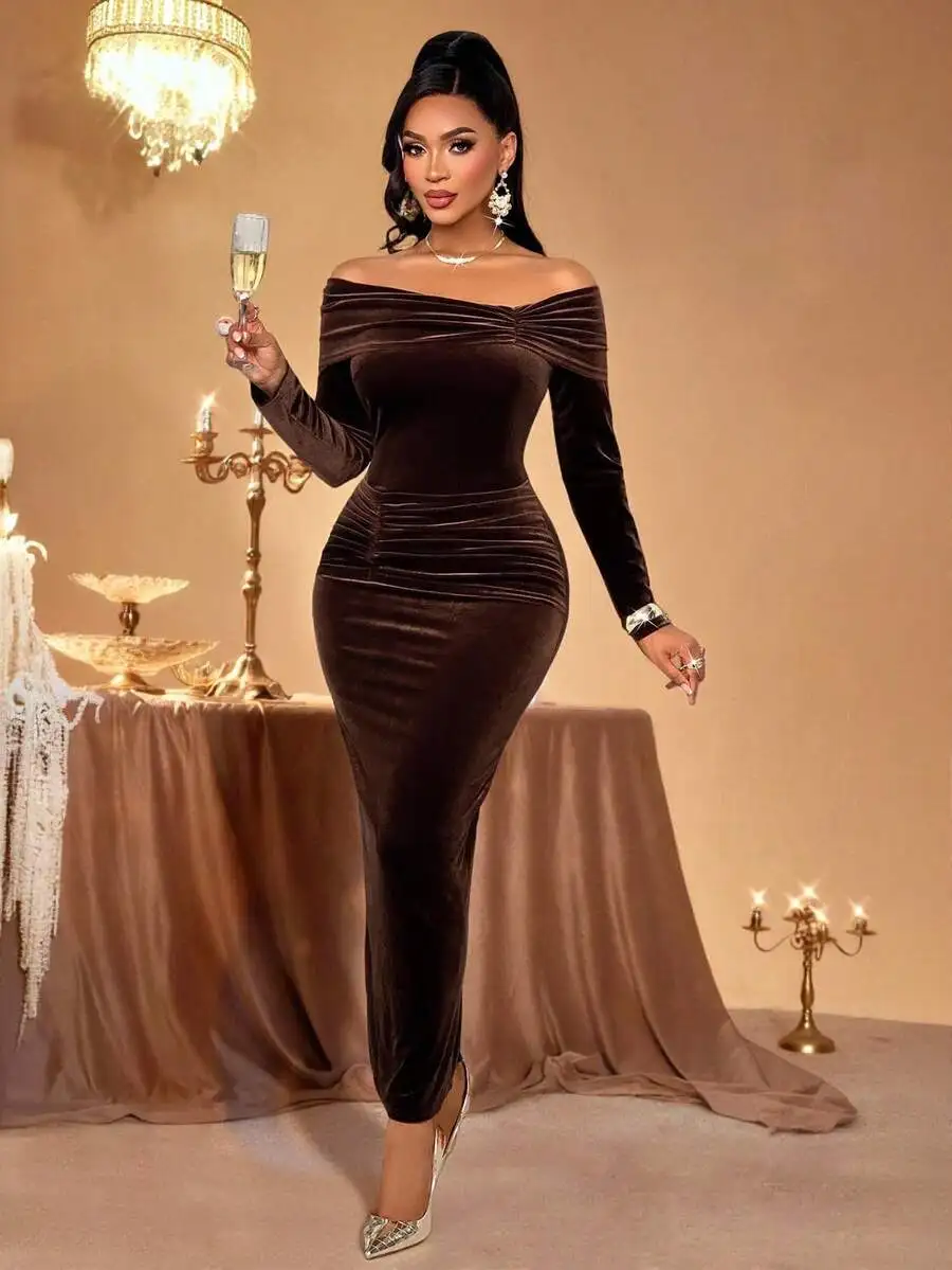 

Women's Off-Shoulder Long Sleeve Velvet Bodycon Maxi Dress with Pleated Waist