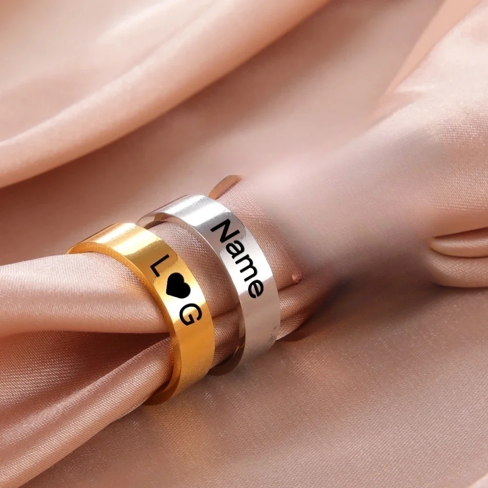 Customized Couple Ring Personalized Name Date Text Stainless Steel Fashion Simple 6/8mm Wide Ring Anniversary Jewelry Gift