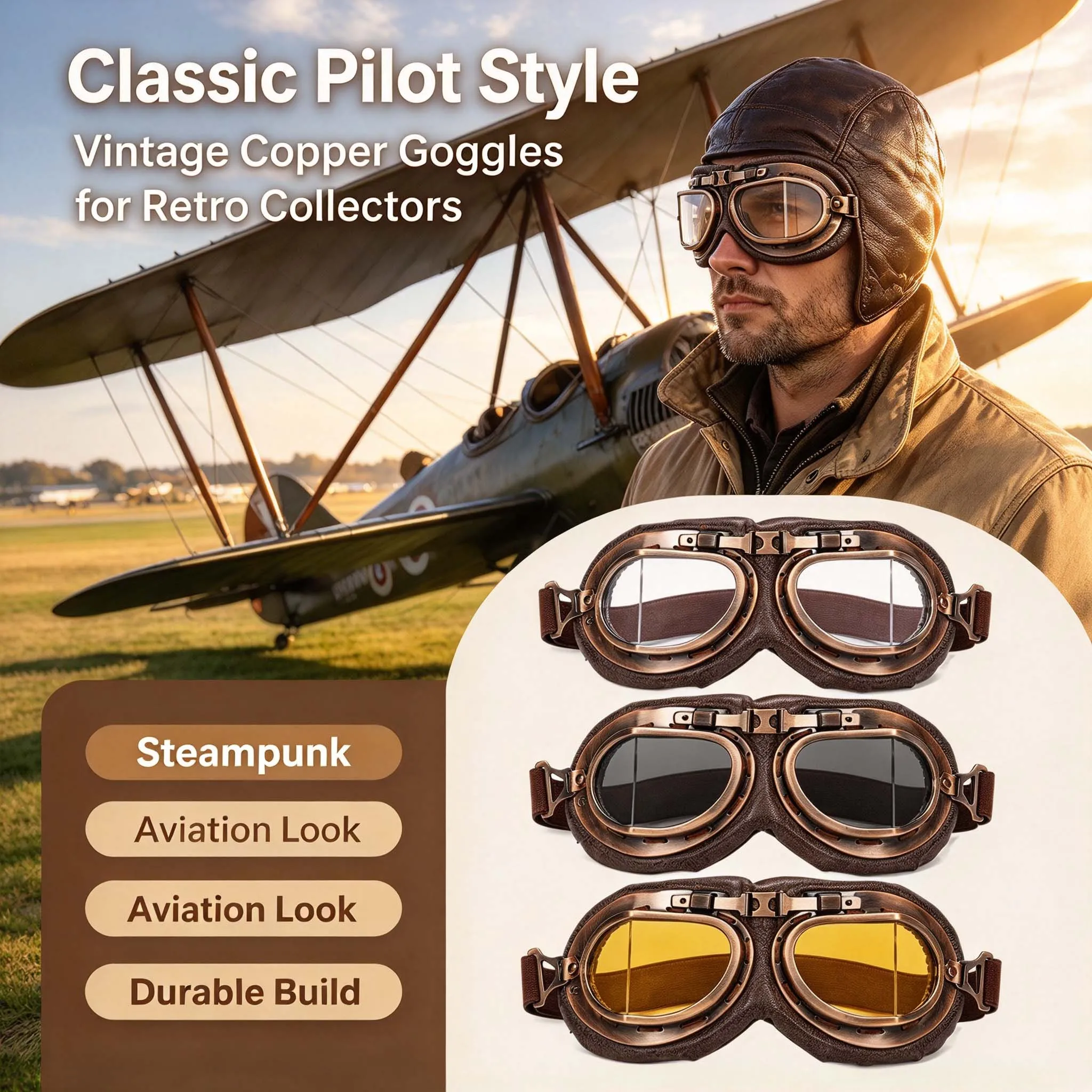 Copper Retro Moto Goggles Glasses Vintage Classic Windproof Riding Goggles for Men Women Harley Pilot Steampunk ATV Bike Helmet