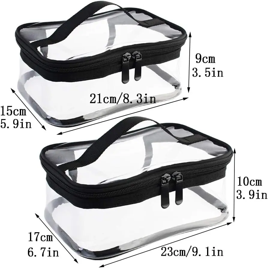 2 Pack Portable Clear Makeup Bag Zipper Waterproof Cosmetics Bag Transparent Travel Storage Carry Pouch PVC Zippered Toiletry