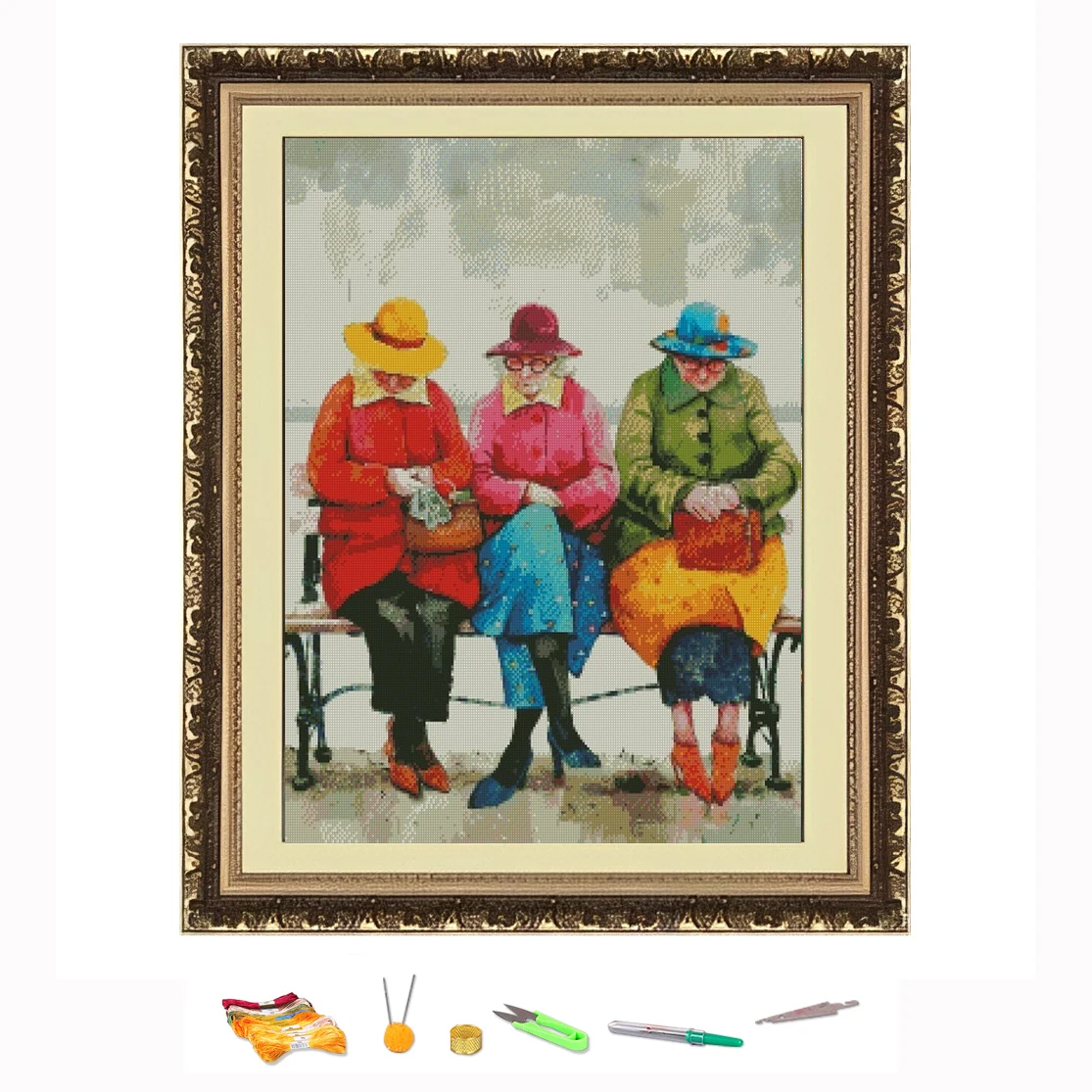 Cross Stitch Embroidery Kits Three Old Grannies On Chair Cotton Thread Painting DIY Needlework Set Counted Printed on Canvas11CT