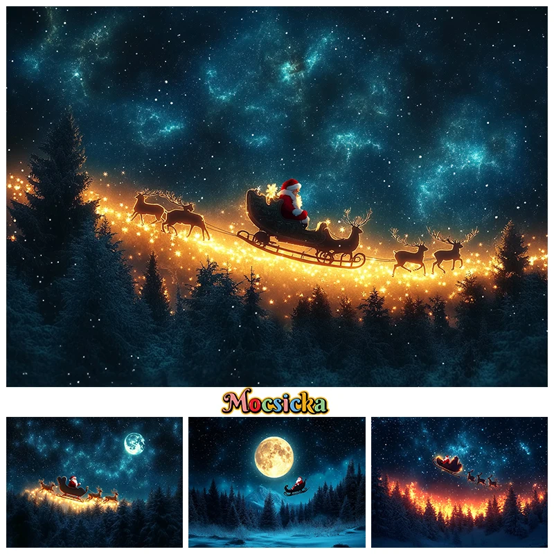 

Christmas Background For Photography Blue Starry Sky Moon Forest Tree Gifts Santa Claus Backdrop Baby Party Decoration Photozone