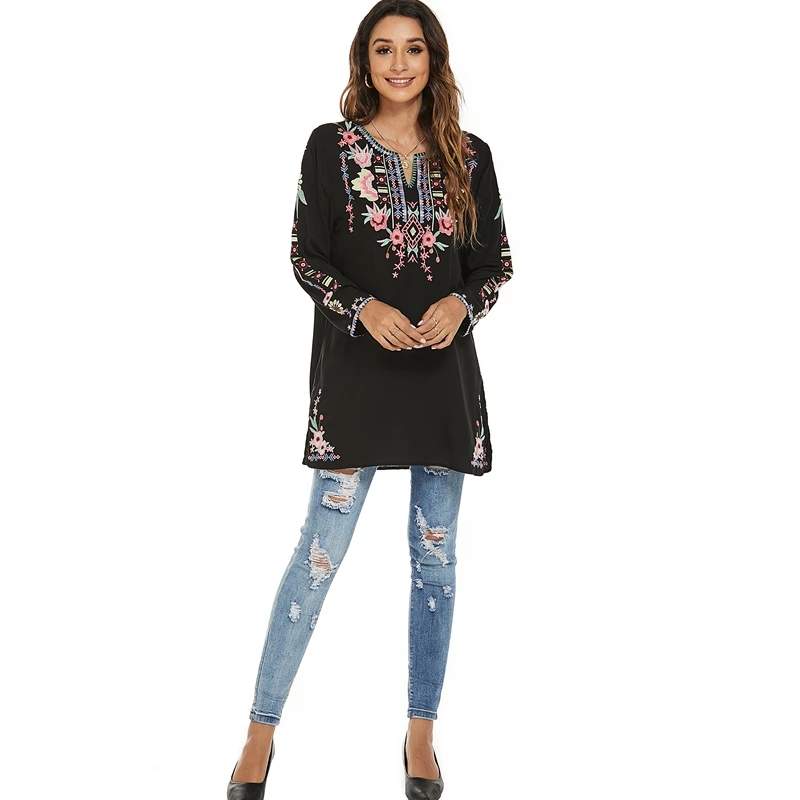 Casual Floral Embroidery Long Tunic Tops for Women Bohemian Blouses Black Vintage Embroidered Mexican Peasant Shirt Ethnic Tops