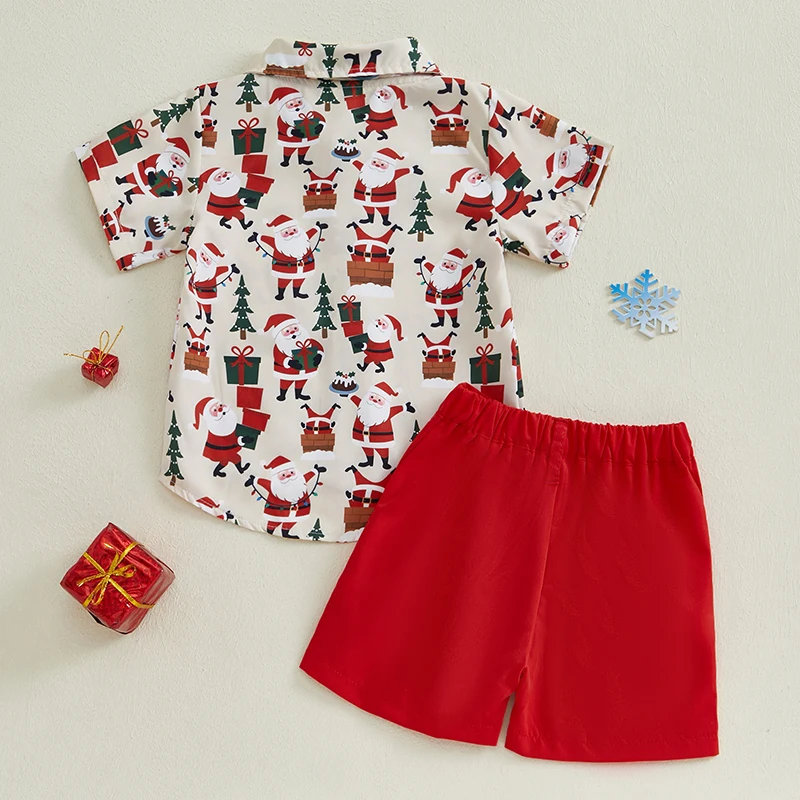 Weihnachtsset für kleine Jungen, Weihnachtsmann, Knopfleiste, kurze Ärmel, Reverskragen, Tops, Shorts, Outfit – Detail 10