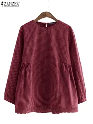 Korean Lace Patchwork Tops Shirt ZANZEA Women Casual Plaid Blouse 2024 Autumn Loose Long Sleeve Tunic Harajuku Round Neck Blusas