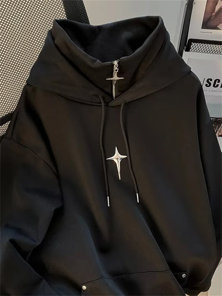 Moletom Masculino de Gola Alta Outono Inverno, Casual, Moderno, Esportivo, Estilo Japonês Retrô, Jaqueta com Capuz para Adole...
