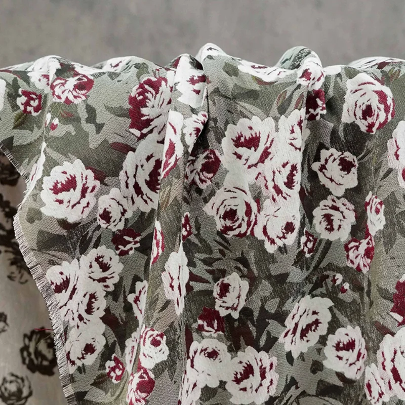 1 Meter Vintage Oil Painting Rose Jacquard Fabric Yarn Dyed Grey Green Base Autumn Winter Vest Coat Home Textile DIY Material