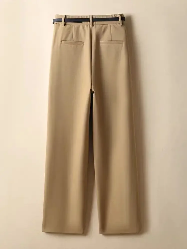 Women's Elegant Wide-leg Pants Autumn Solid Khaki Black Casual Straight Office Suit with Belt New Simple Lady Pants