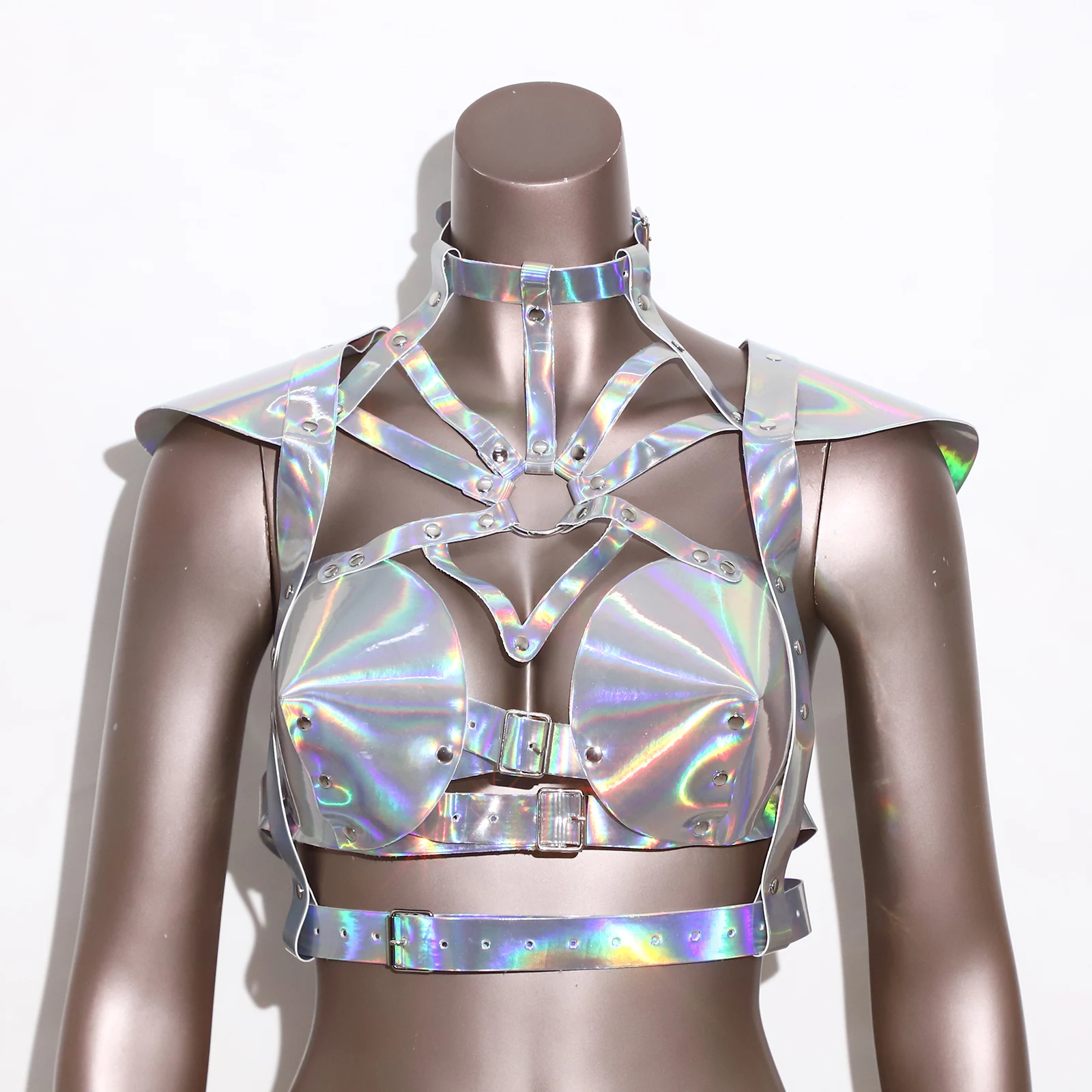 Women Metallic Iridescent Chest Harness Fly Sleeve Hollow Out Adjustable Strap Gothic Body Belt Corset Stage Clubwear