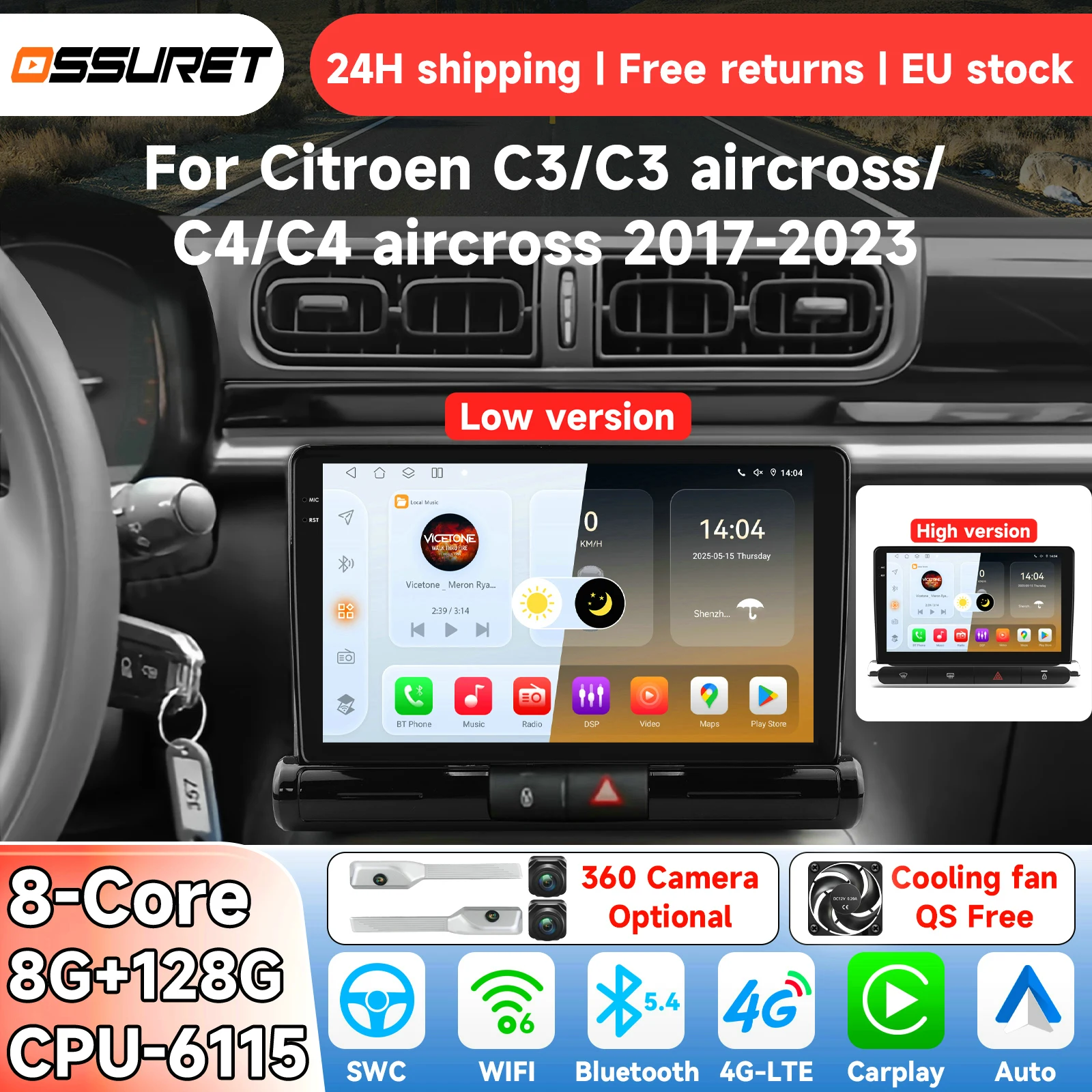 OSSURET Autoradio Android 14 per C3 Aircross 2017–2023, Citroen C4; Sistema Smart Carplay, Lettore Multimediale con GPS 6115