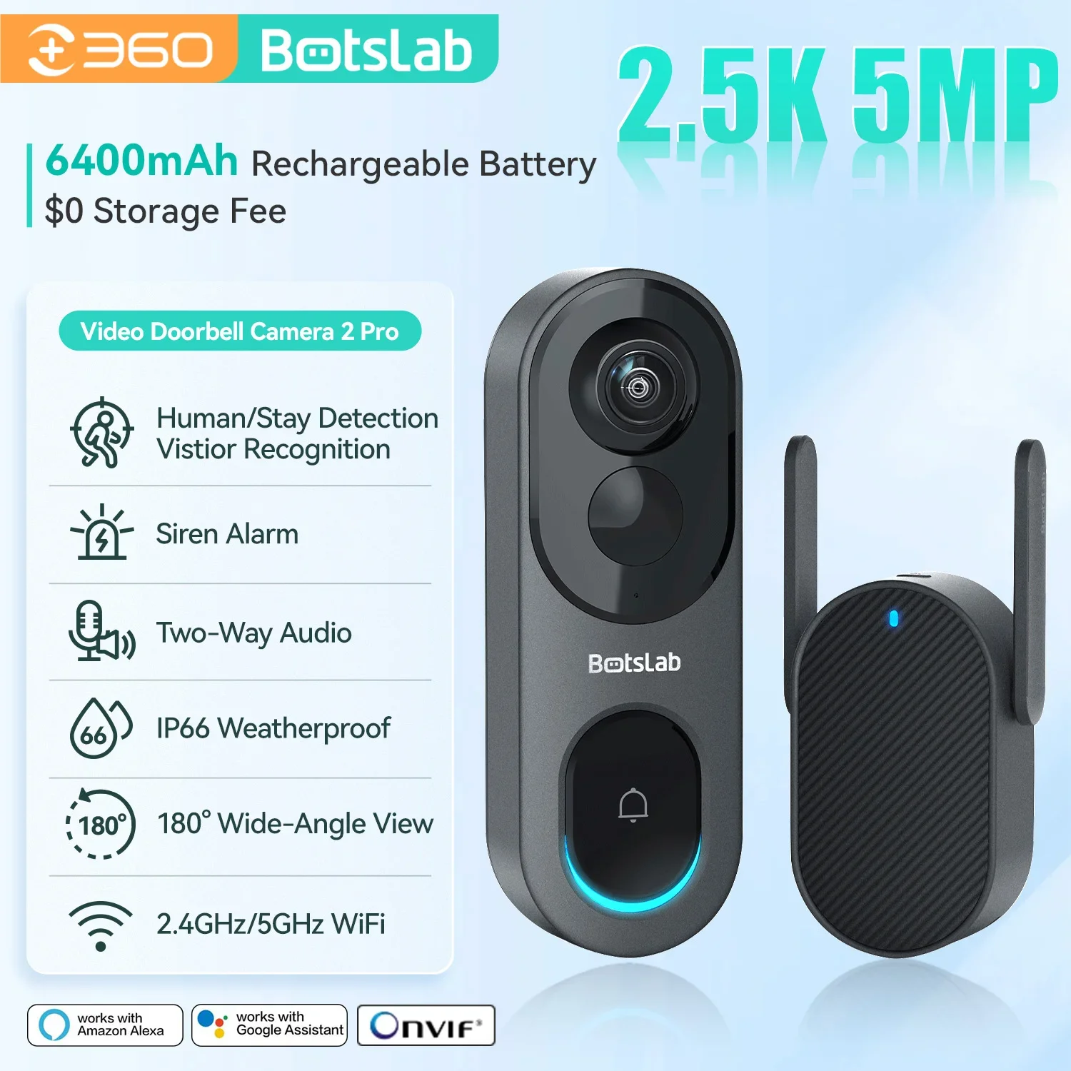 Qihoo360-Interphone vidéo sans fil Botnigga, sonnette avec caméra, maison intelligente, protection de sécurité, détection de mouvement PIR, Wi-Fi, 5MP