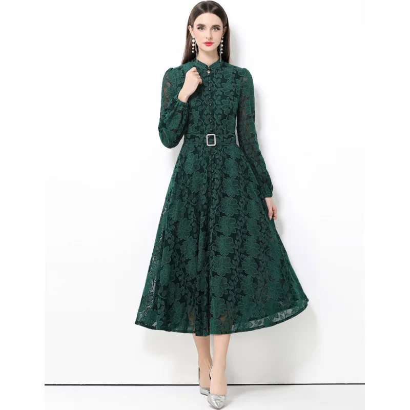 

Ele Vintage Lace Stand Collar Lantern Sve Dr Women's High Waist Fro Chinese Velvet Fabric Long Sve Daily Wear