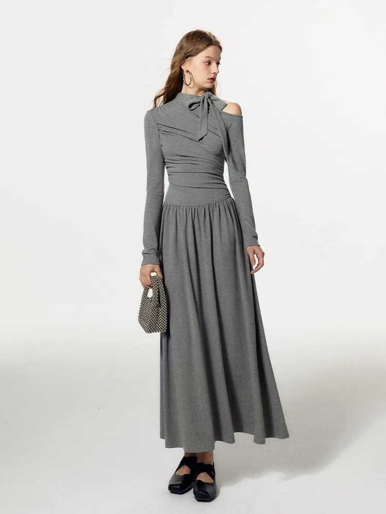 Grey Off Shoulder Pleated Dress For Women In Autumn And Winter, With A Unique Sense Of Luxury And A Slim Fit A-Line Dress