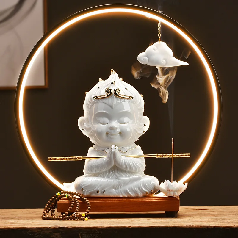 Monkey LED Lamp Ring Decoration Ceramic Figurines Reverse Flow Incense Zen Lamp Ring Home Living Room Decoration