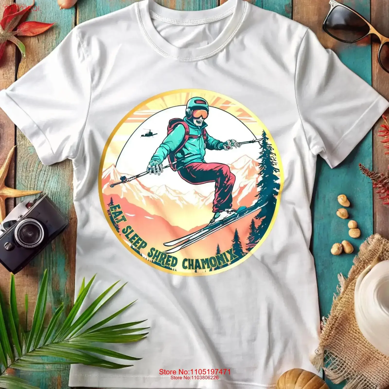 Eat Sleep Shred Chamonix camiseta diseño retro zombie freeski Alps 80s pop art vintage cumpleaños regalo sostenible deporte vintage