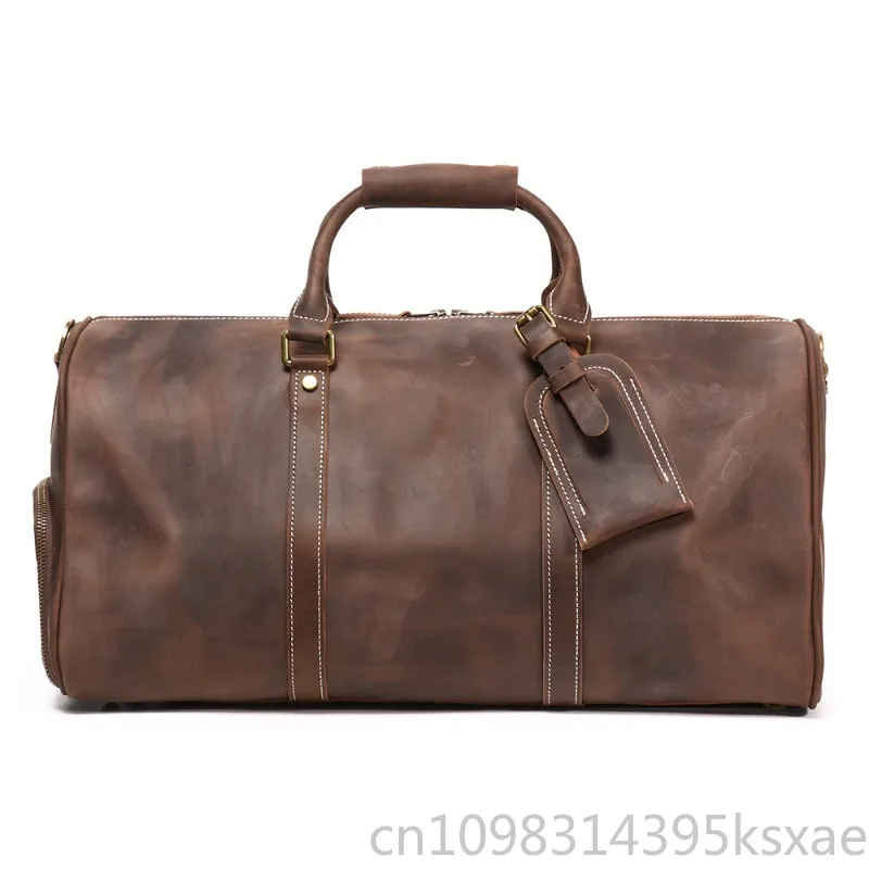 

Men's Handmade Crazy Horse Top Grain Leather Travel Duffel Bag Weekender with Crossbody Shoulder Strap and Luggage Sleeve