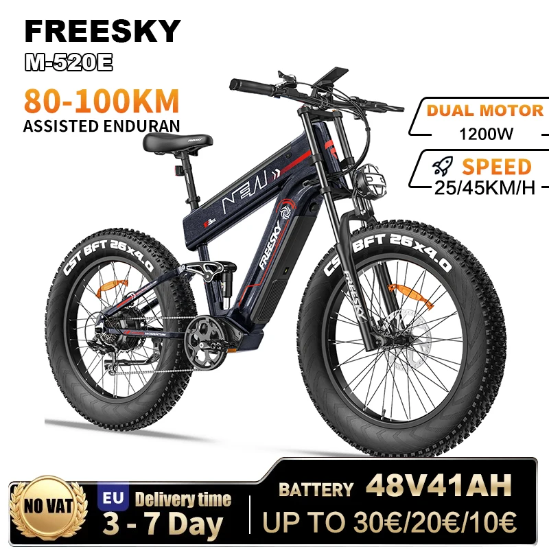 FREESKY M520 Electric Bicycle 1200W Motor 48V 41AH Battery 61KM/H Speed 26*4.0 Fat Tire 257KM Range Hydraulic Disc Brakes E-Bike
