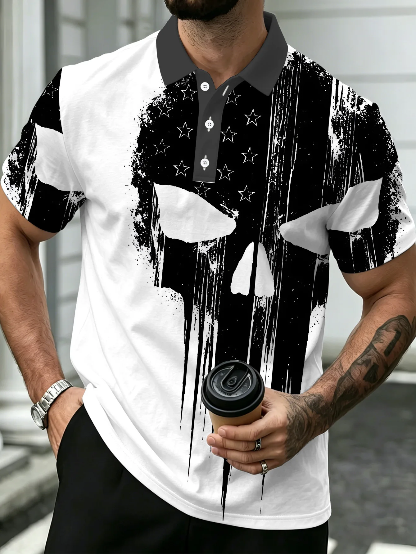 New men's short-sleeve polo shirt T-shirt, loose-fitting and tailored with printed patterns, versatile basic crew-neck top suita