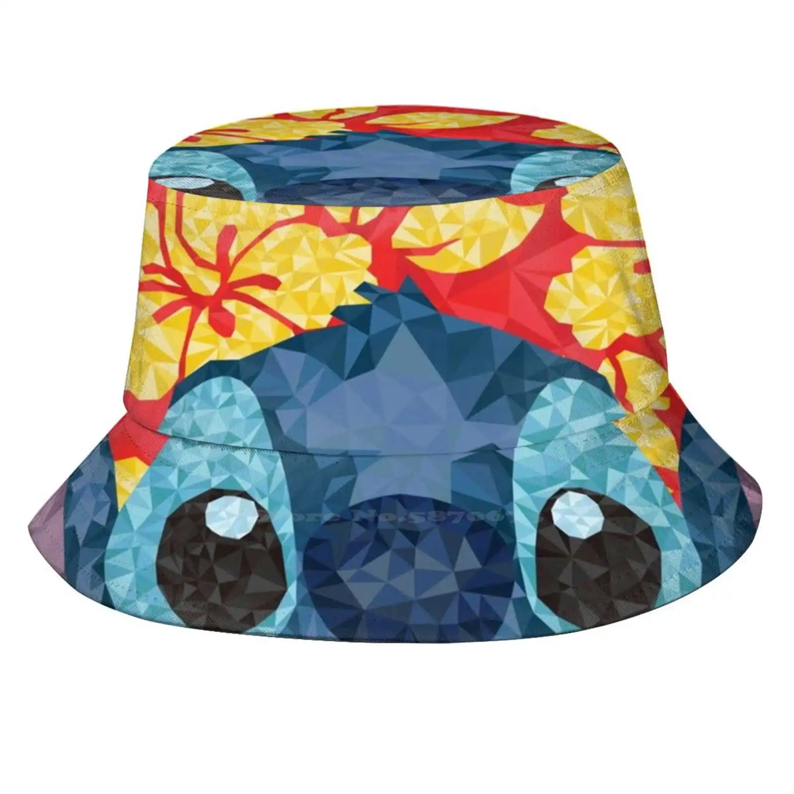 Geometric With Hawaiian Flowers Korean Caps Funny Beach Bucket Hats Geometric Red Blue Yellow Hawaiian Lilo And