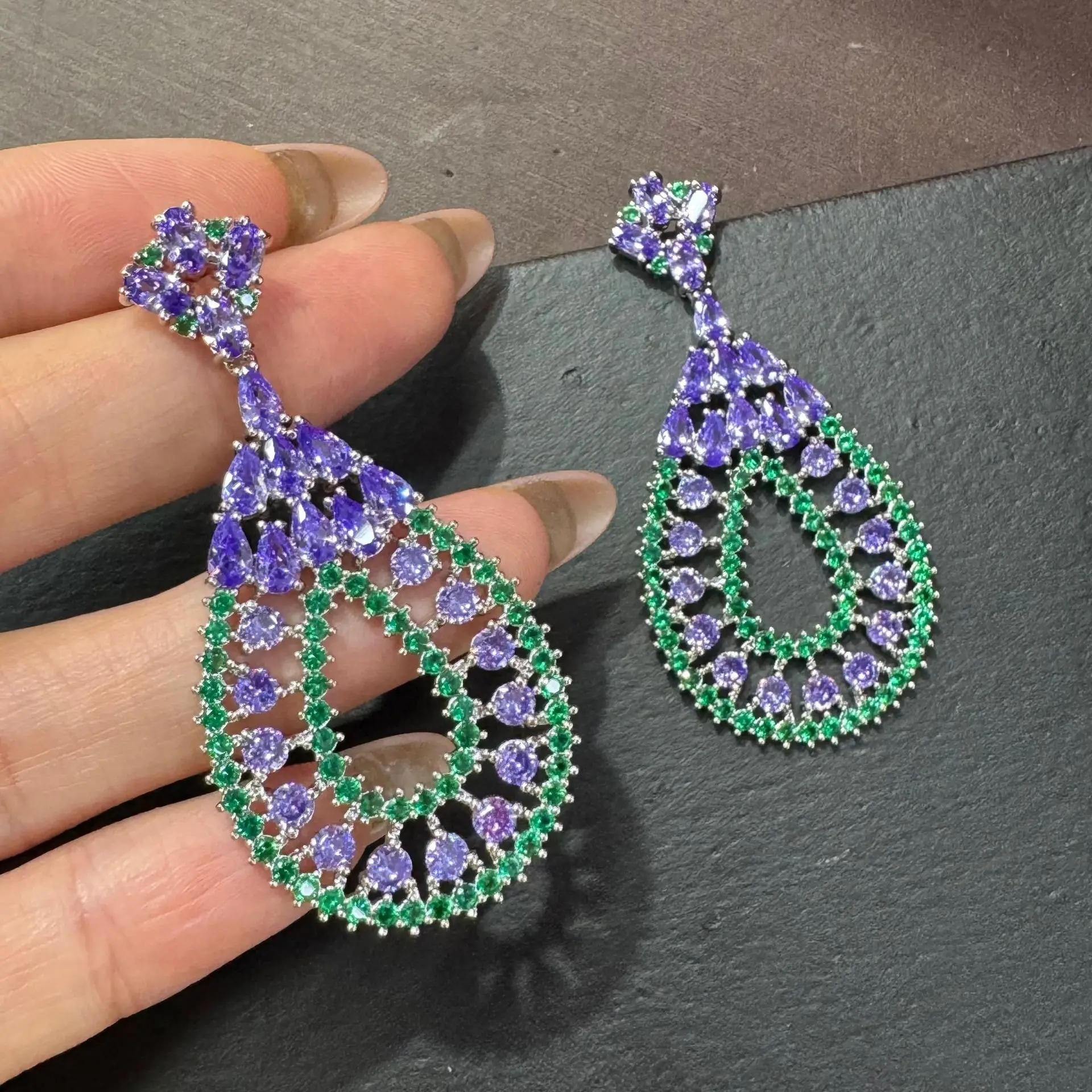 

luxury zirconia earrings for women dinner party shiny jewelry white black pink purple green oval shape cut out dangling earrings