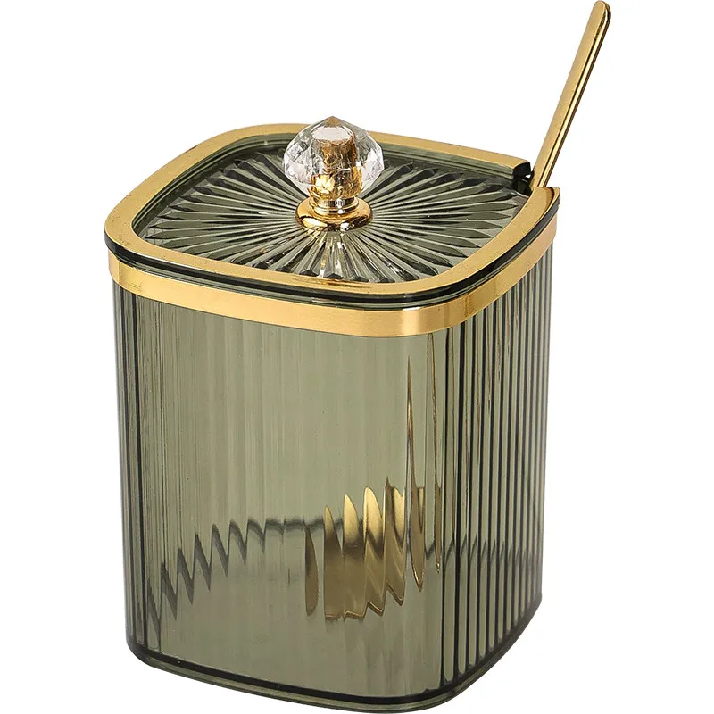 360ml Luxury Vertical Striped Green Seasoning Pot with Lid & Gold Spoon Home Kitchen Plastic Salt Sugar Spice Storage Jar
