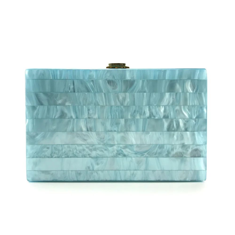 Bolso de mensajero con perlas acrílicas para mujer, bolsa de mano de retales a rayas de color azul claro, de lujo, a la moda, para fiesta de noche,