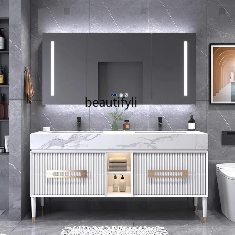 

Nordic Oak Stone Plate Bathroom Cabinet Bathroom Wash Basin Washbasin Self-Energy Mirror Cabinet Combination