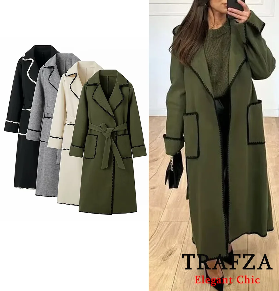 TRAFZA Casual Tweed Long Coat Women's Rolled Belt Lapel Lengthened Coat New 2024 Fall Winter Fashion Commuter Coat