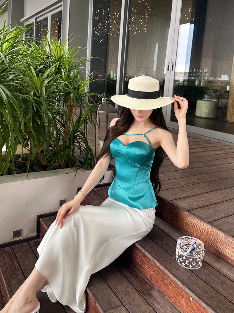 

Женский укороченный топ-бюстье из шелкового атласа цвета озерной синевы, облегающий, сексуальный, элитный, оригинальный дизайн, быстросохнущий, с круглым низом, Bal