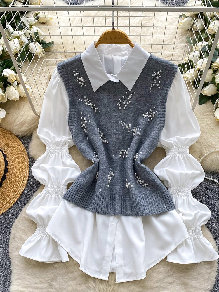 

Женская рубашка, комплект из двух предметов, осенне-зимний вязаный жилет с отложным воротником, длинная рубашка с поясом, комплект из 2 предметов, женский топ TP036