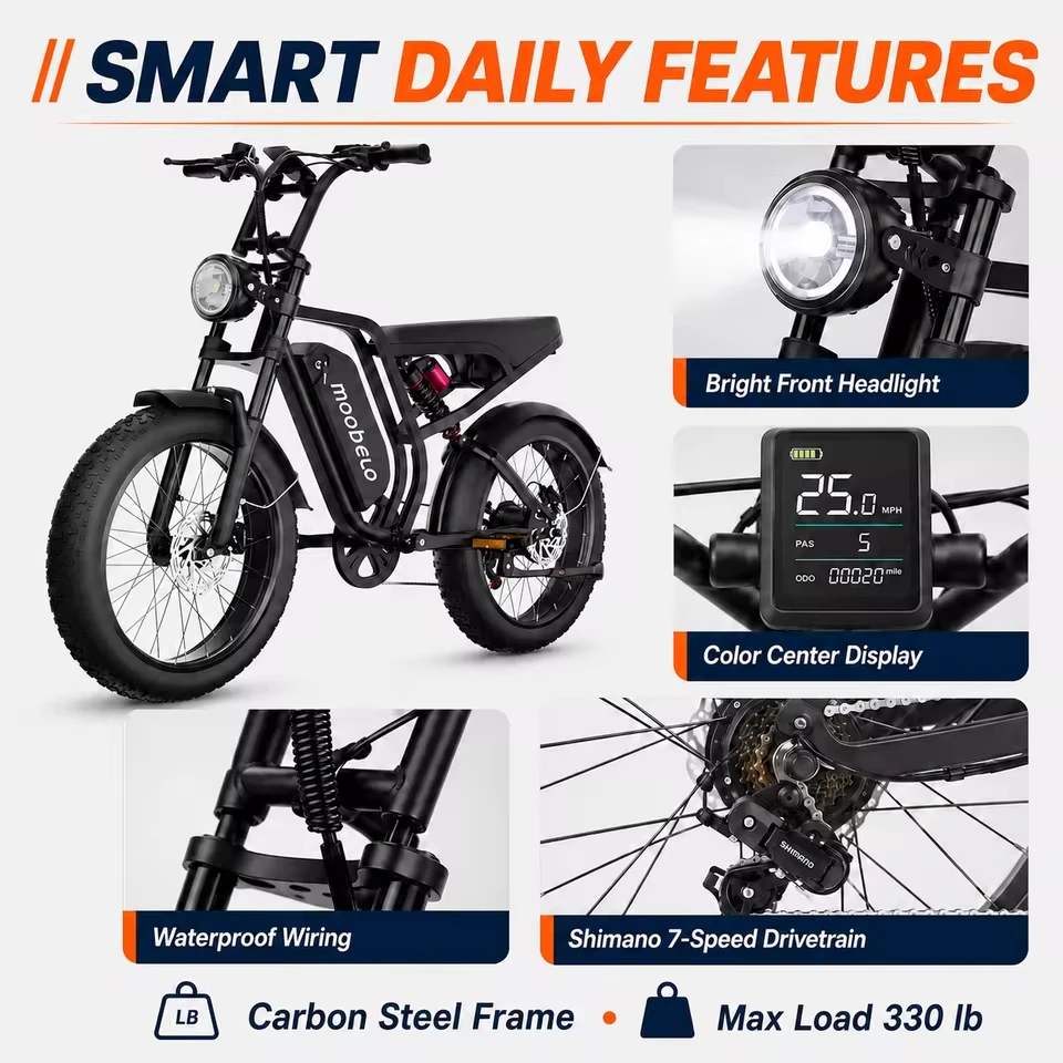 Su8 Peak 1500W/2000W 85N.m/100N.m Motor Electric Bike , 20"*4.0 Fat Tire Ebike For Teenager, 48V 16Ah/20Ah Removable Battery, Up to 60 Miles Long Range, 32MPH/35MPH  Electric Bicycle, Full Suspension, 7-Speed, All Terrain Off-Road Commuter E-Bike image 8