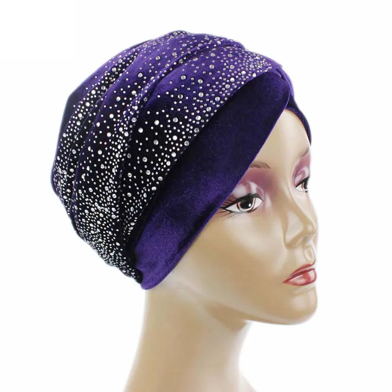 Women Velvet Muslim Wrapped Head Turban Scarf  Hat Long Tail Style Elegant Female Head Wraps Solid Color Party Turban Headwear