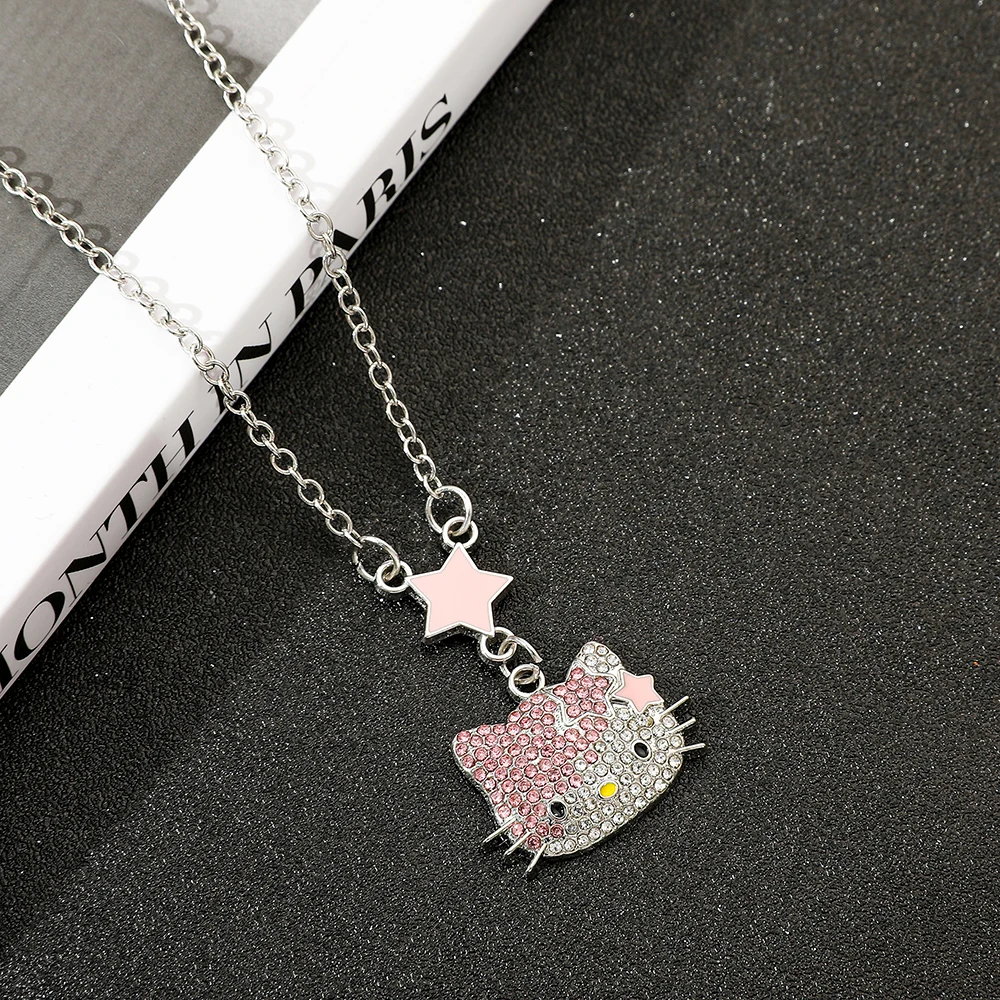 Kawaii مرحبا كيتي قلادة سانريو الوردي نجوم الماس KT القط الكرتون لطيف أنيمي قلادة قلادة الأزياء والمجوهرات فتاة الهدايا #2