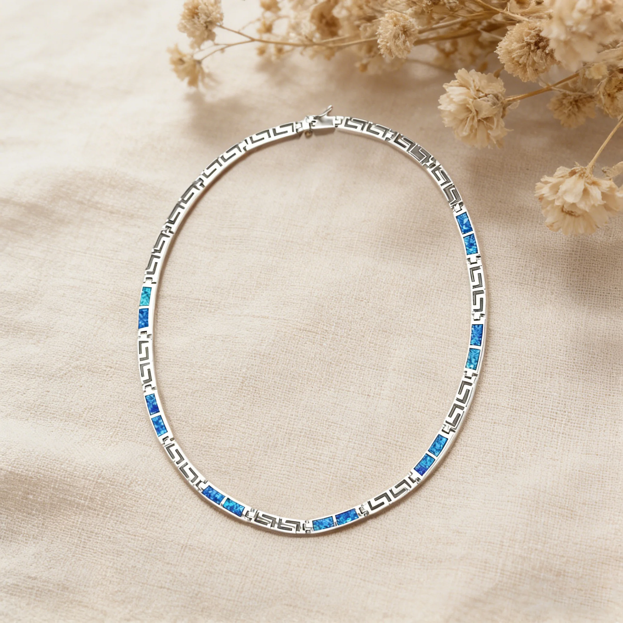 Greek Key Blue Opal Necklace for Women,Silver Color Chain Bohemian Fashion Jewelry - Elegant Pendant Gift Trendy Opal Accessory