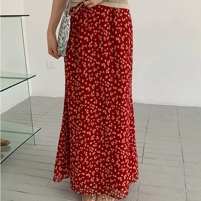 เกาหลีสูงเอวกระโปรงยาวสีแดงผู้หญิง High End ดอกไม้พิมพ์ Faldas 2025 ฤดูร้อนอารมณ์สง่างาม A-Line Maxi กระโปรง