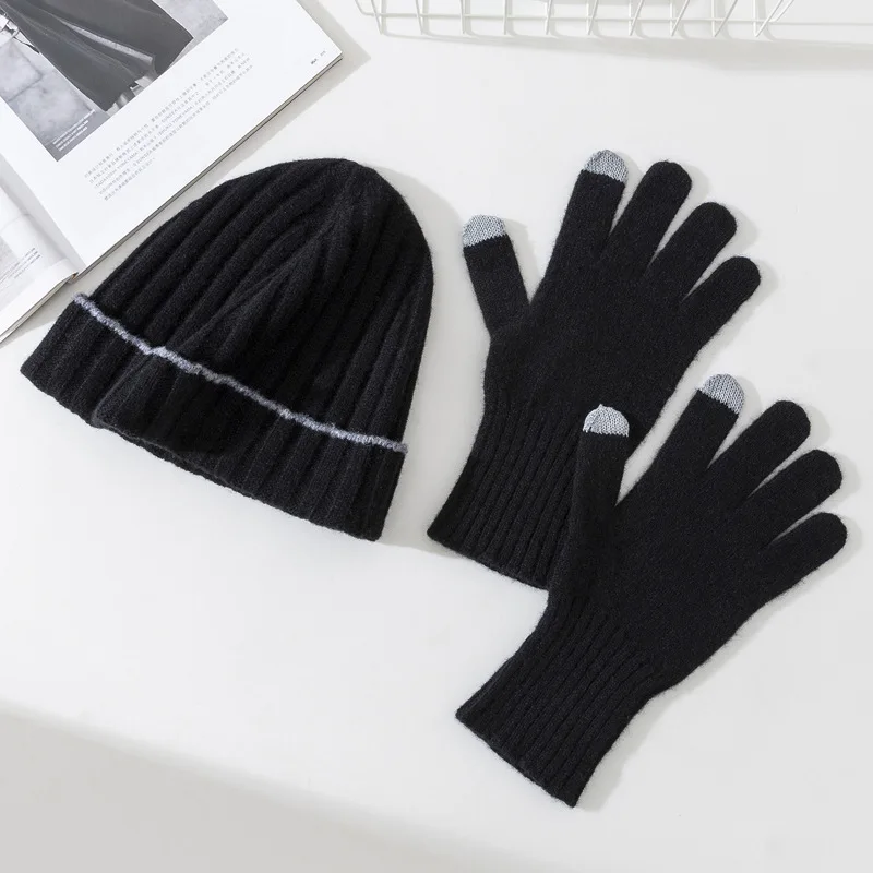Men's Wool Beanie Glove Set Two Piece Contrast Warm Winter Knitted Cap