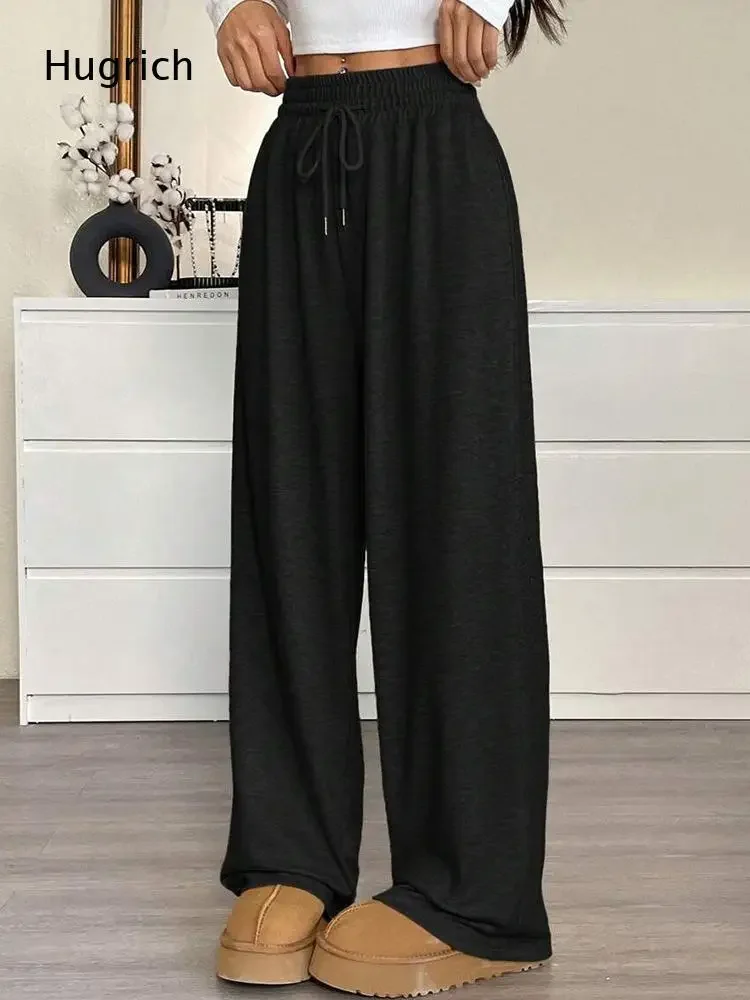 Women Heather Gray Drawstring Elastic High Waist Wide Leg Sweatpants Loose Casual Straight Leg Track Pants with Pockets