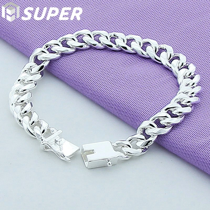 

925 Sterling Silver 10mm Square Buckle Bracelet Chain Women Fashion Men Domineering Jewelry
