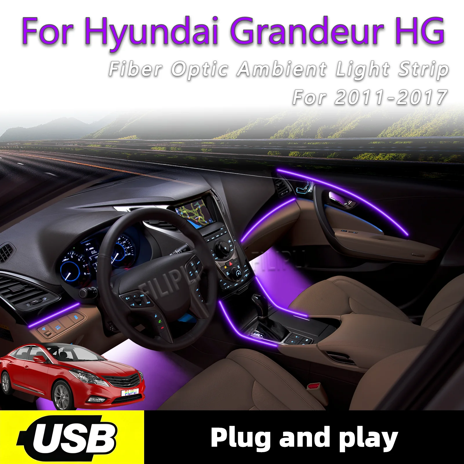 

Автомобильная подсветка салона для Hyundai Grandeur HG 2011-2017 гг., 6-в-1, USB-интерфейс, оптоволоконная лента для интерьера автомобиля