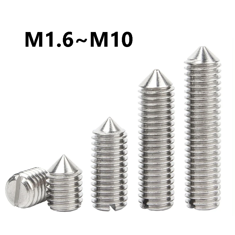 Slotted Set Screw M1.6 M2 M2.5 M3 M4 M5 M6 M8 M10 Cone Point Grub Screw Stainless Steel Tapered End Headless Grub Bolt Set Screw