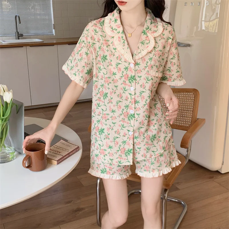 Floral Sleepwear Women Pajama Sets Summer Piiama Korean Ruffle Short Sleeve Home Suit 2 Pieces Sleeping Night Wears Pyjamas New