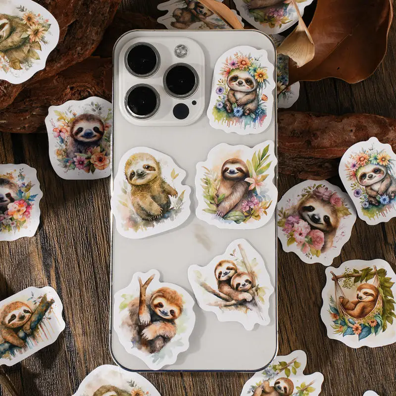 46pcs PVC Cute Cartoon Animal Sloth Collage Rich Patterns Student DIY Stationery,Cups,Mobile Phones Decoration Stickers